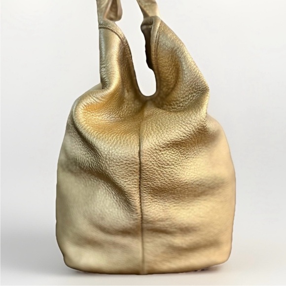 Tory Burch Pebbled Leather Gold Tote Shoulder Bag w/ Logo & 3 Pockets & Mirror - Picture 4 of 12